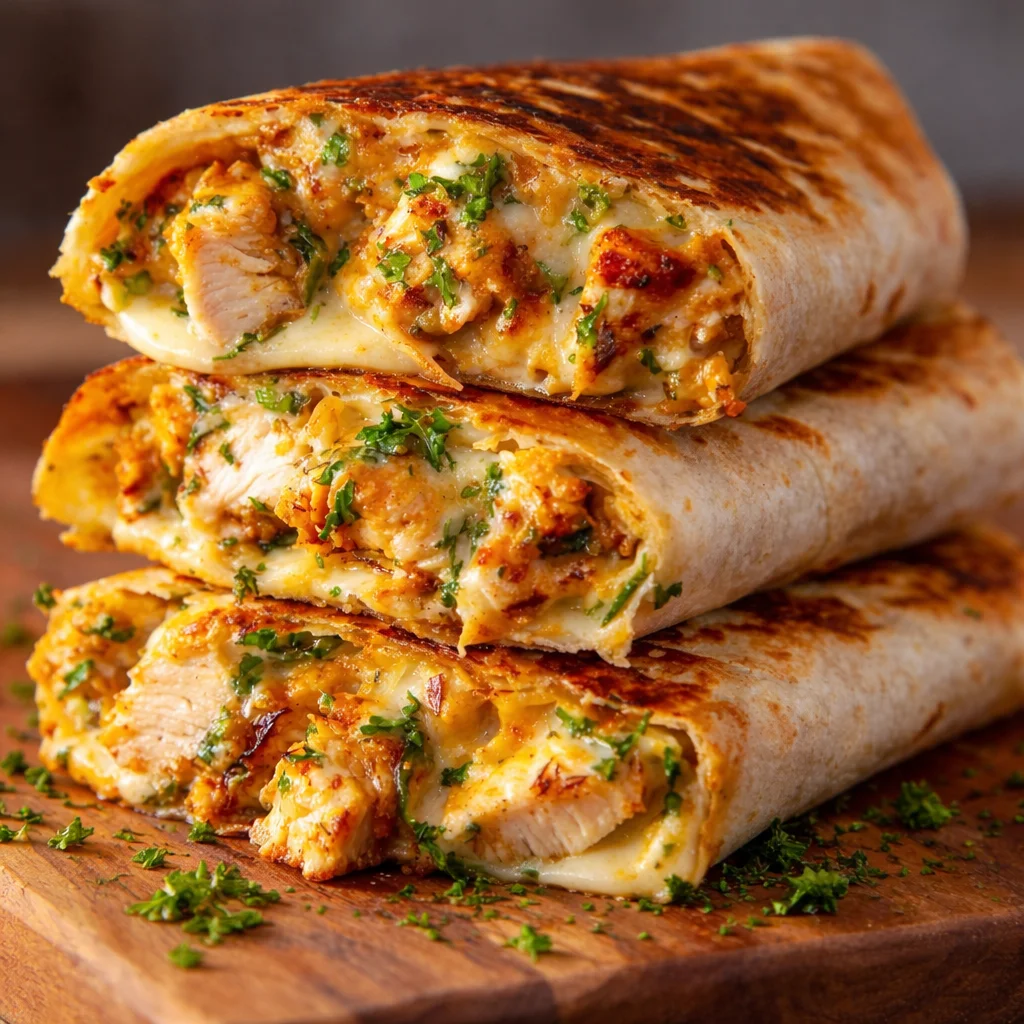 Ooey-Gooey Cheesy Garlic Chicken Wraps with melted cheese and garlic flavor