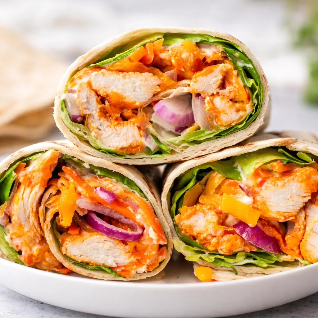 Spicy Buffalo Chicken Wraps with ranch dressing, chicken, and fresh vegetables in a tortilla.