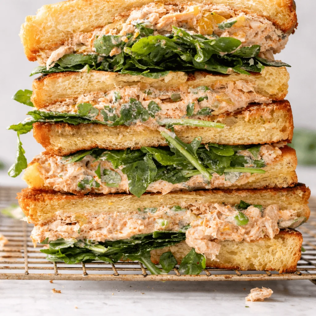Delicious Spicy Tuna Salad Sandwich with jalapeños and sriracha on crusty bread.