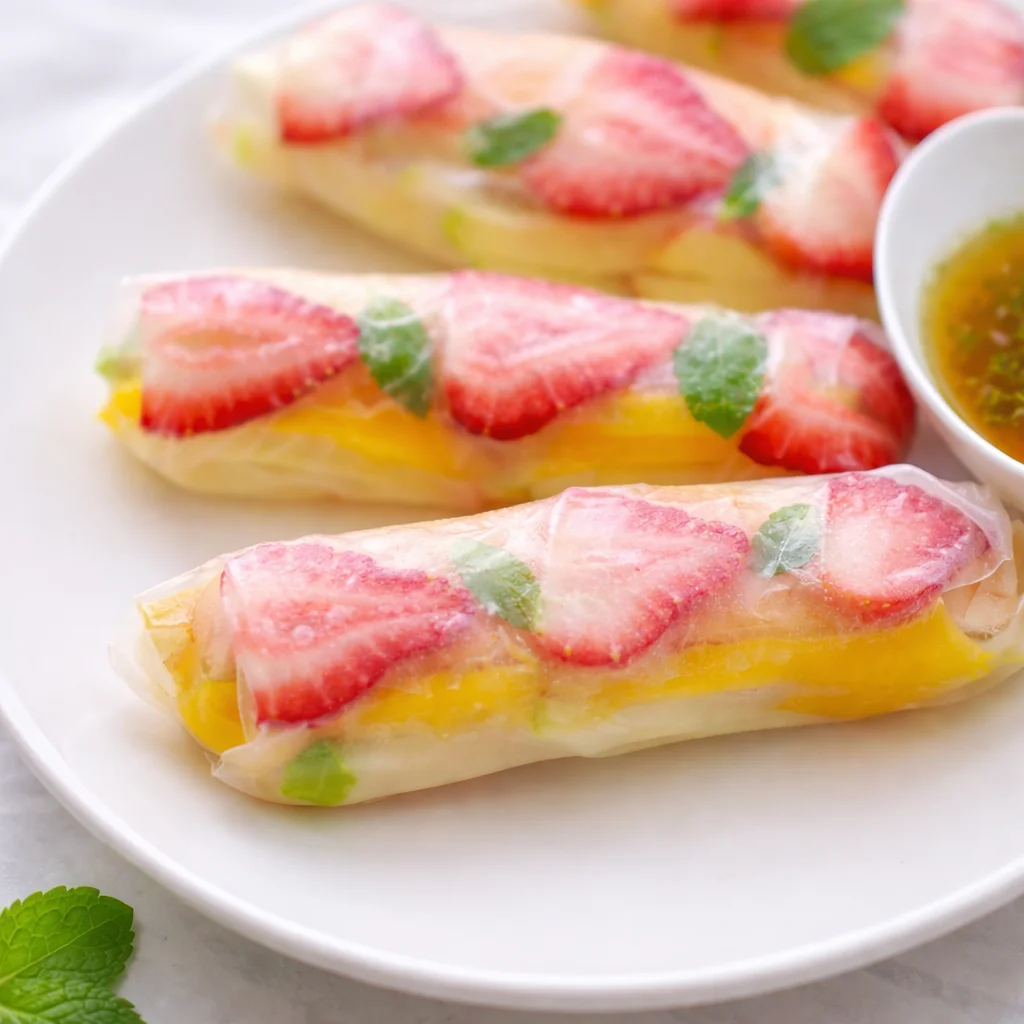 Colorful fruit spring rolls with strawberries, mango, and kiwi wrapped in rice paper.