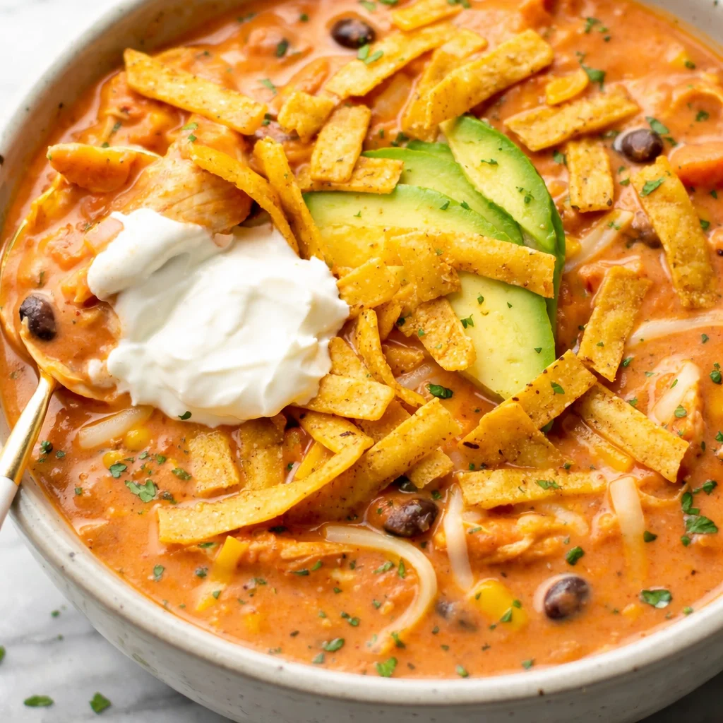 Bowl of creamy chicken tortilla soup topped with cilantro and tortilla chips