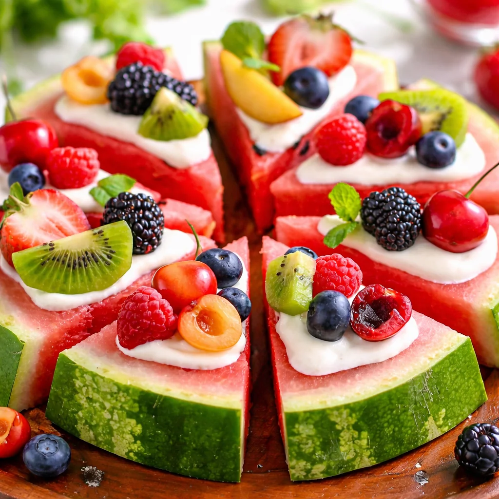 Healthy Watermelon Fruit Pizza topped with yogurt and fresh berries, perfect summer dessert.