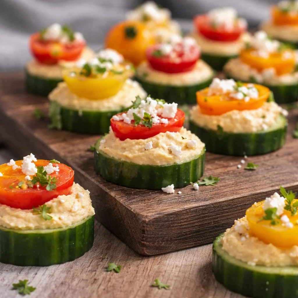 Healthy and delicious Cucumber and Hummus Bites appetizers with vibrant toppings