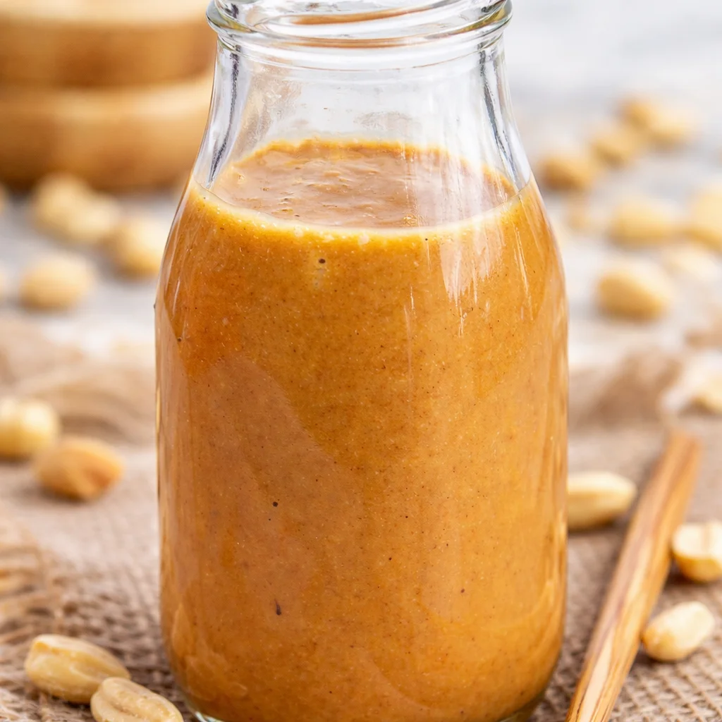 A bowl of creamy Thai Peanut Salad Dressing with fresh ingredients ready for salad or dipping.