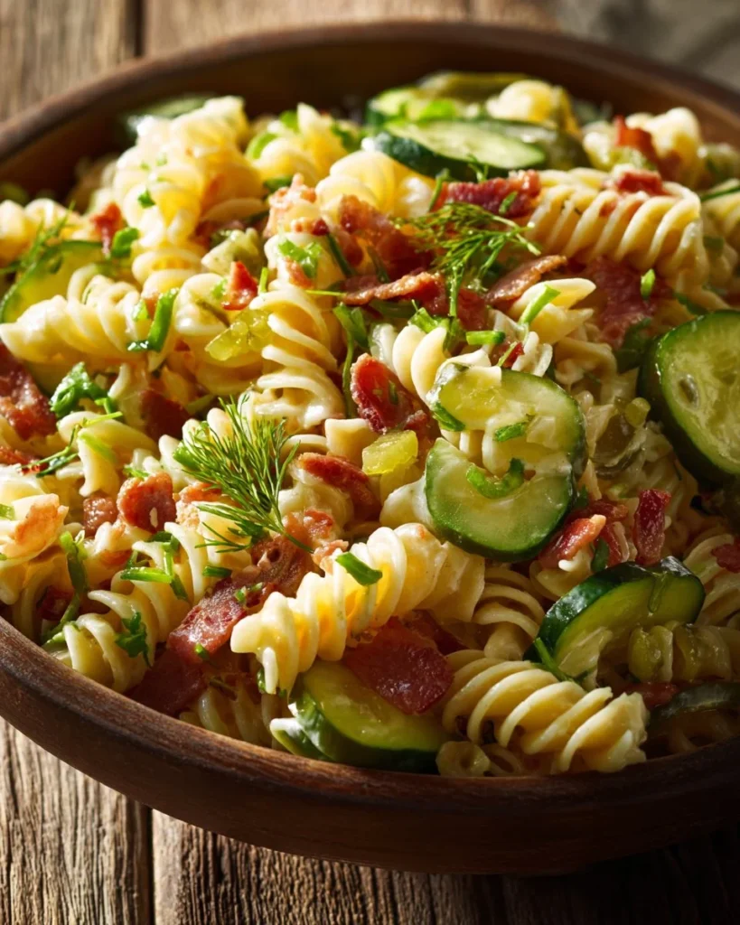 Dill Pickle Bacon Pasta Salad with crispy bacon and dill pickles in a creamy dressing.