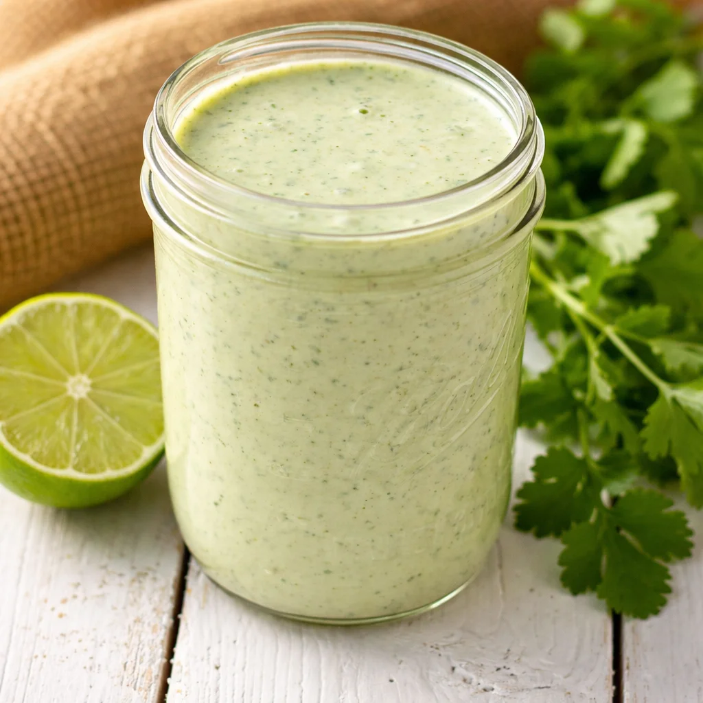 Bowl of Easy Creamy Cilantro Garlic Sauce With Jalapeños & Limes, ideal for tacos and salads.