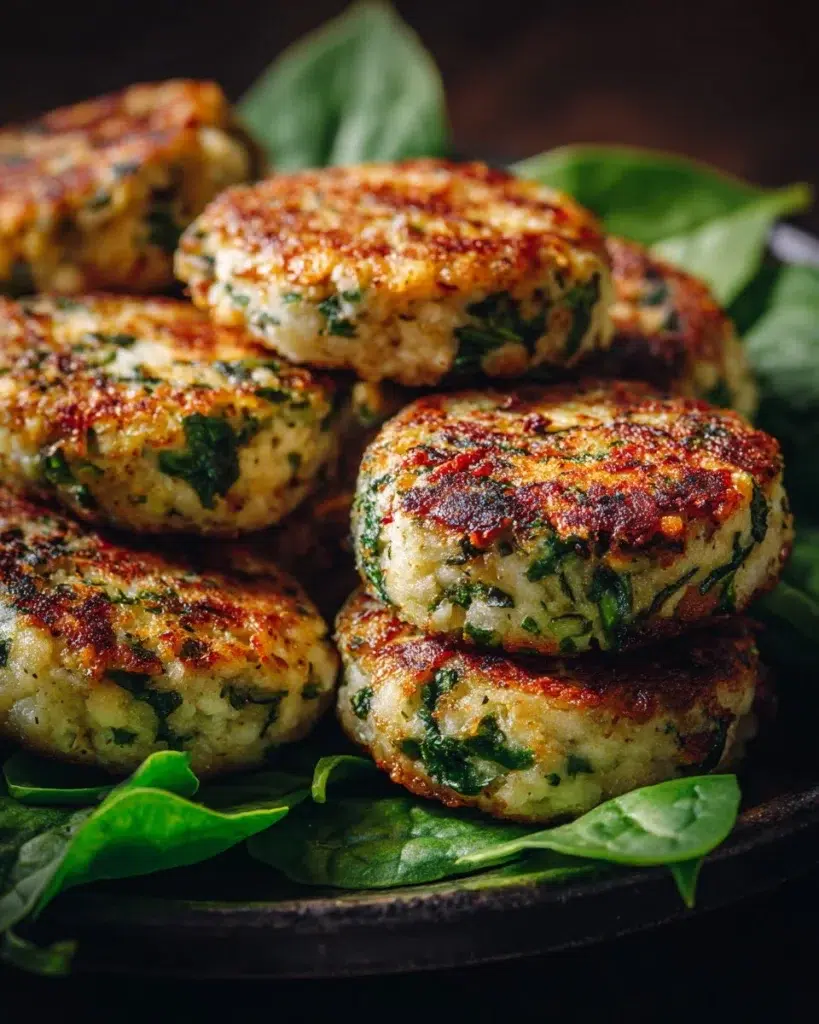 Plate of easy spinach and feta patties served with a side salad