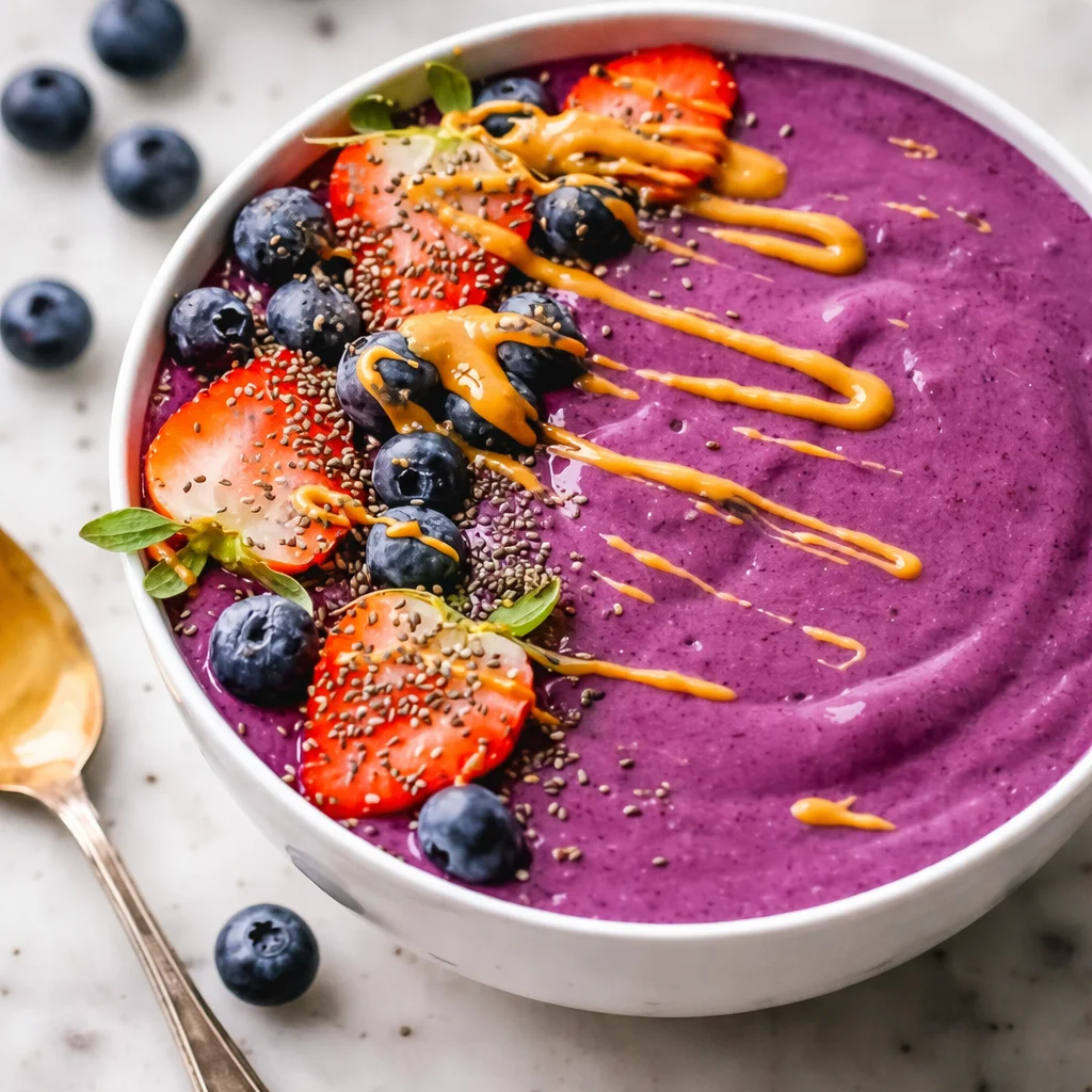 Healthy Protein Breakfast Smoothie Bowl topped with berries and nuts