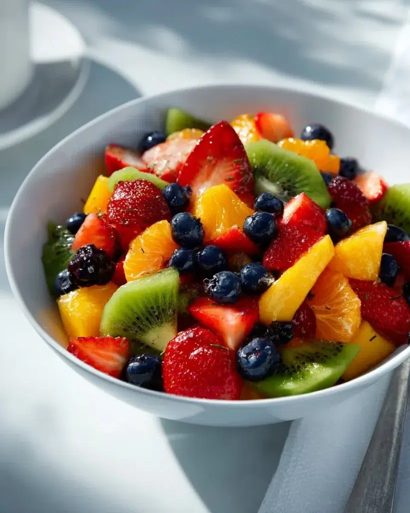 Fresh fruit salad topped with honey lime poppy seed dressing