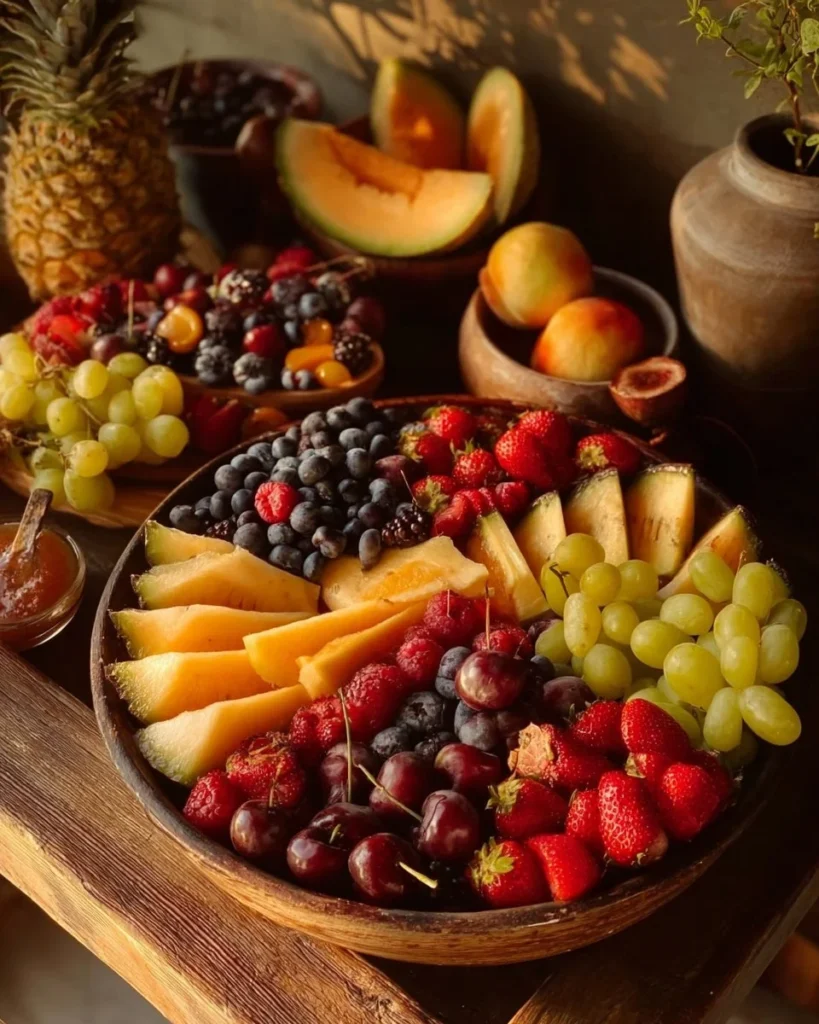 A colorful fruits platter featuring a variety of fresh fruits like apples, berries, and grapes.