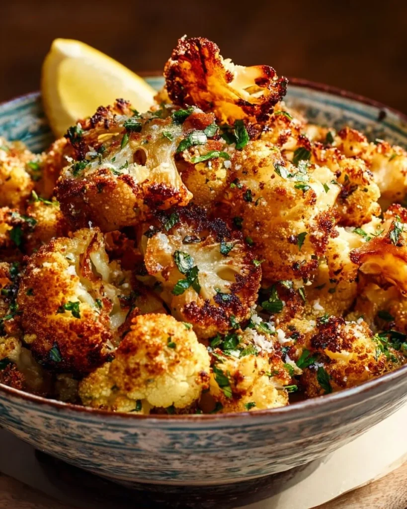 Garlic-Parmesan Roasted Cauliflower on a plate garnished with herbs