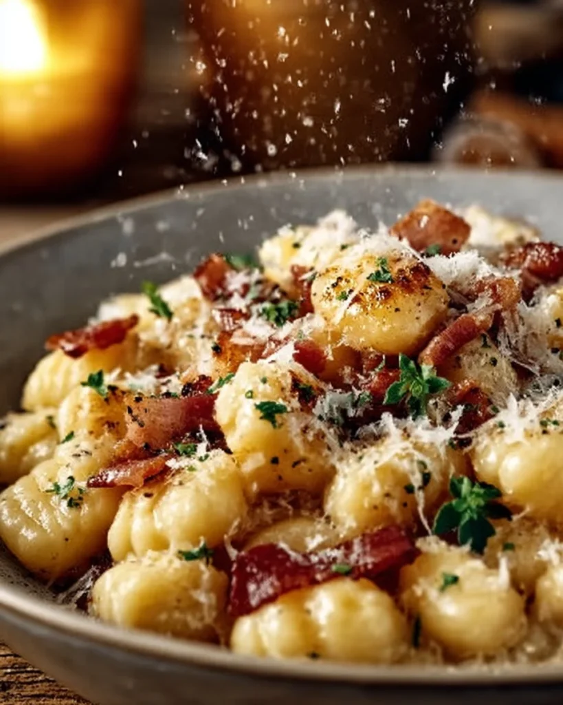 Delicious Gnocchi Carbonara with Bacon and Parmesan served in a bowl.