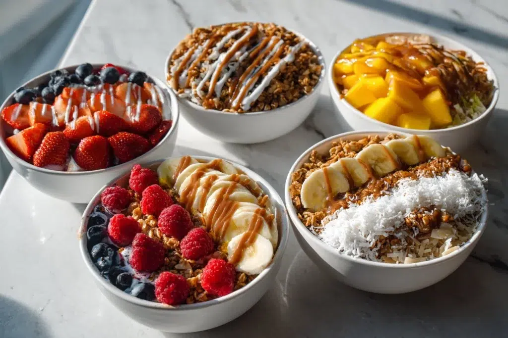 Delicious granola yogurt bowls topped with fresh fruit and honey