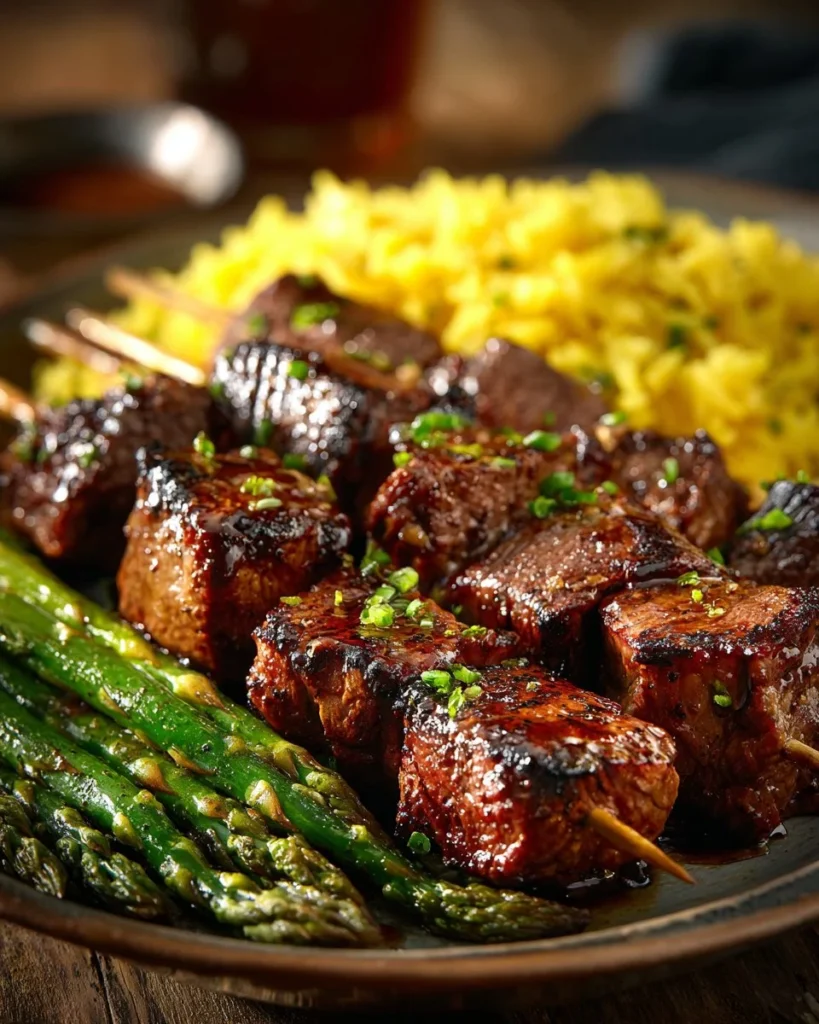 Healthy grilled teriyaki steak kabobs on a platter with colorful vegetables