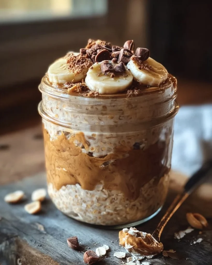 High-protein peanut butter overnight oats with nuts and berries