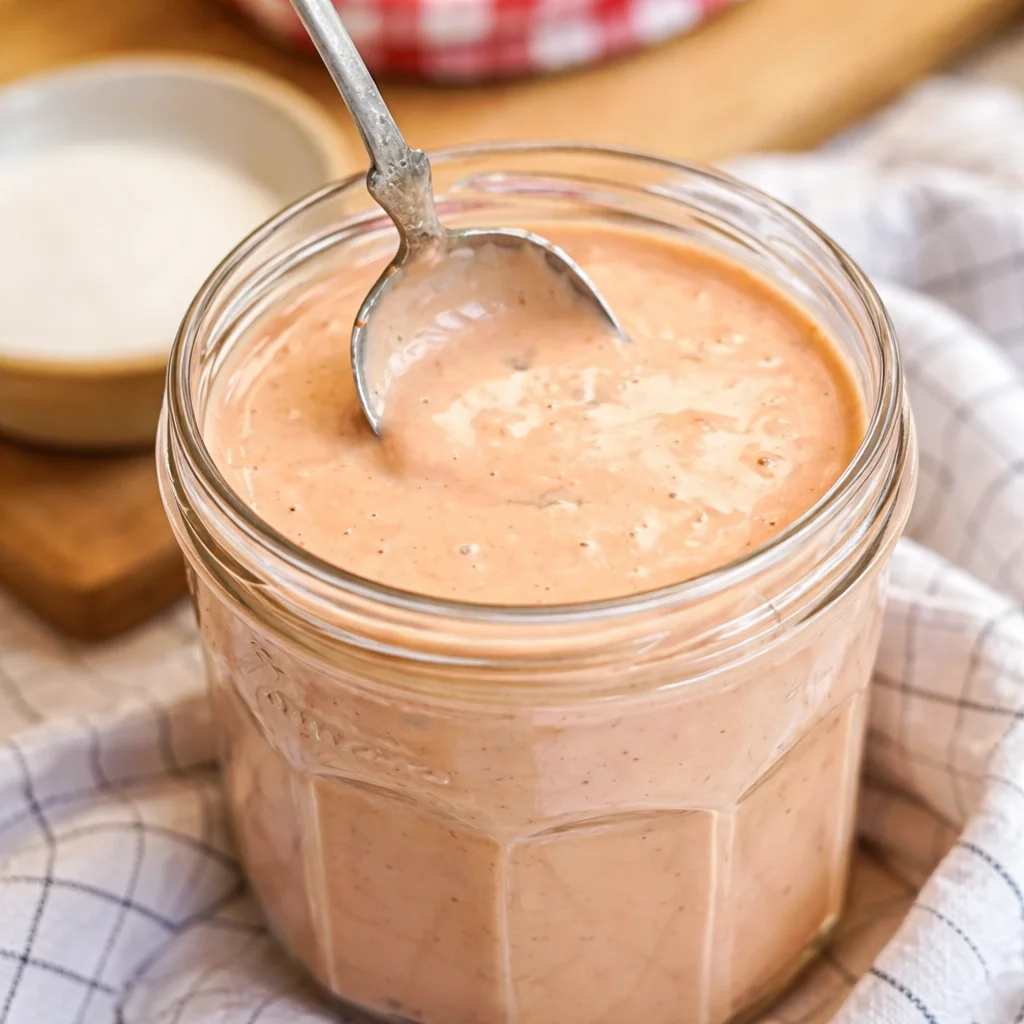 Bowl of creamy Vegan Thousand Island Dressing with fresh vegetables