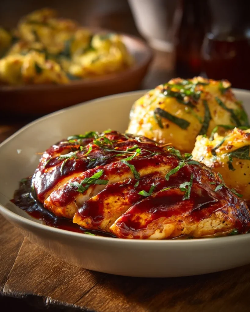 Honey BBQ Chicken paired with garlic parmesan potatoes on a plate