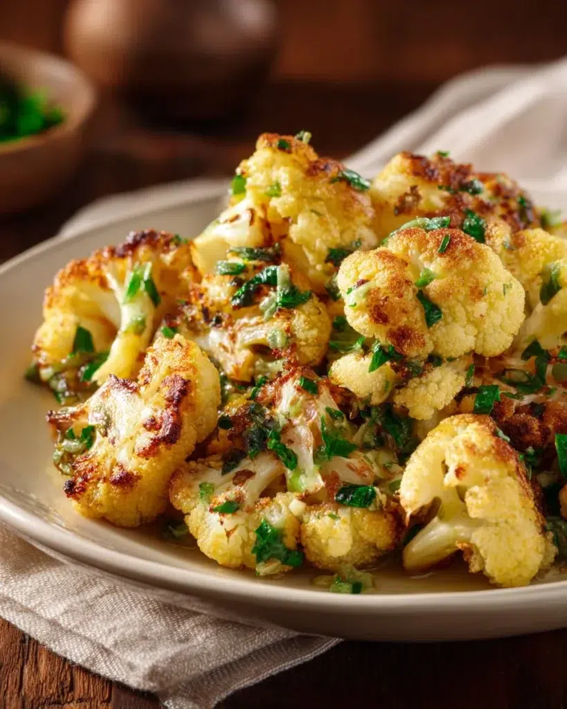 Delicious honey curry roasted cauliflower served on a plate