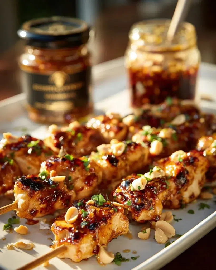 Honey Garlic Chicken Skewers served on a plate with garnishes