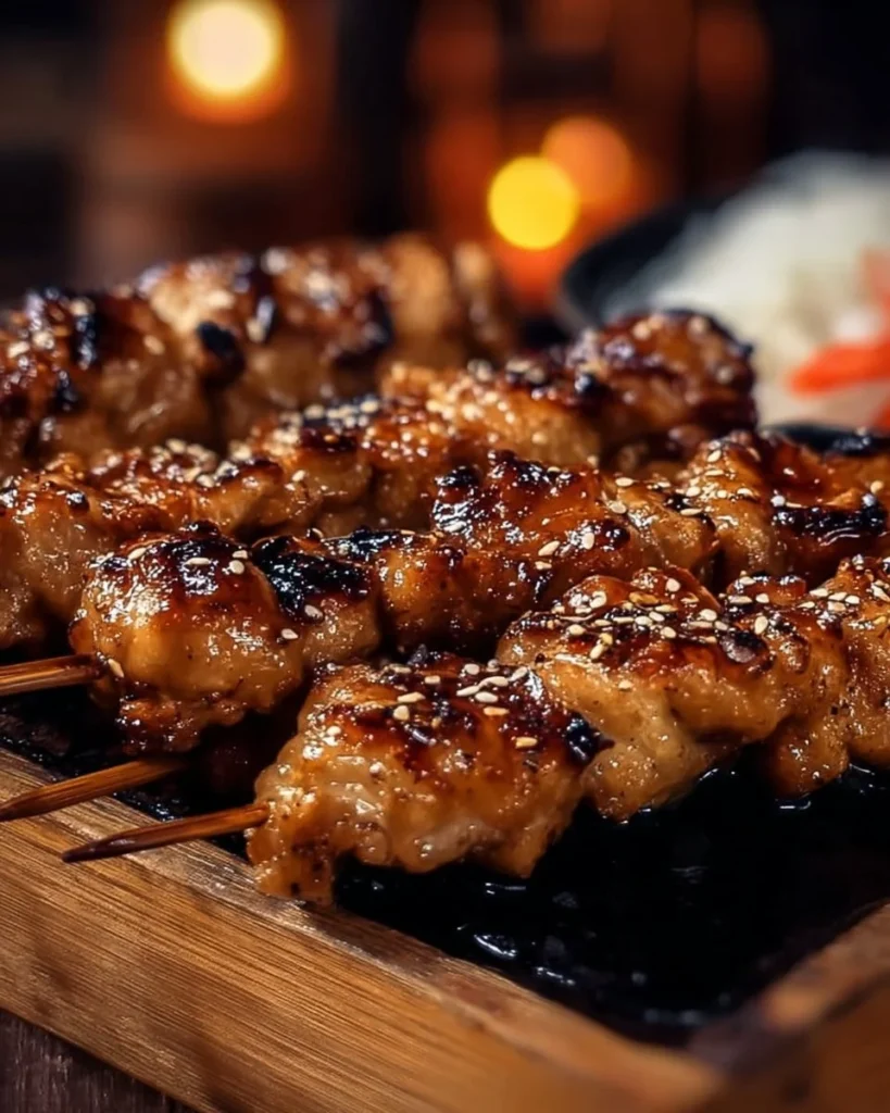 Succulent Japanese Chicken Yakitori skewers grilled to perfection.