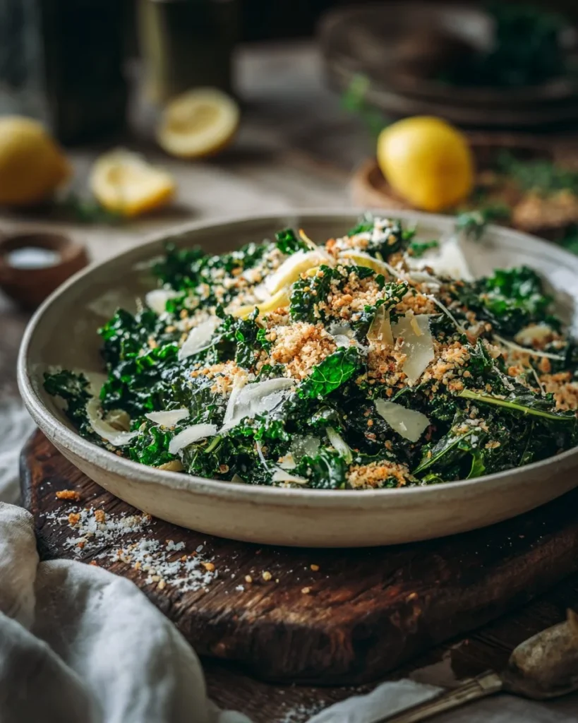 Delicious Lemon Parm Kale Salad with fresh ingredients and Parmesan cheese