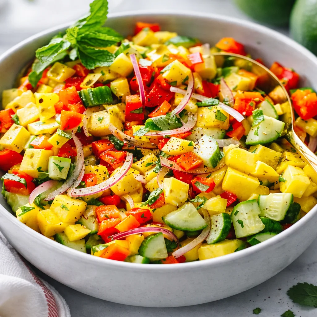Colorful mango salad with red peppers, cucumbers, and fresh herbs in a lime dressing.