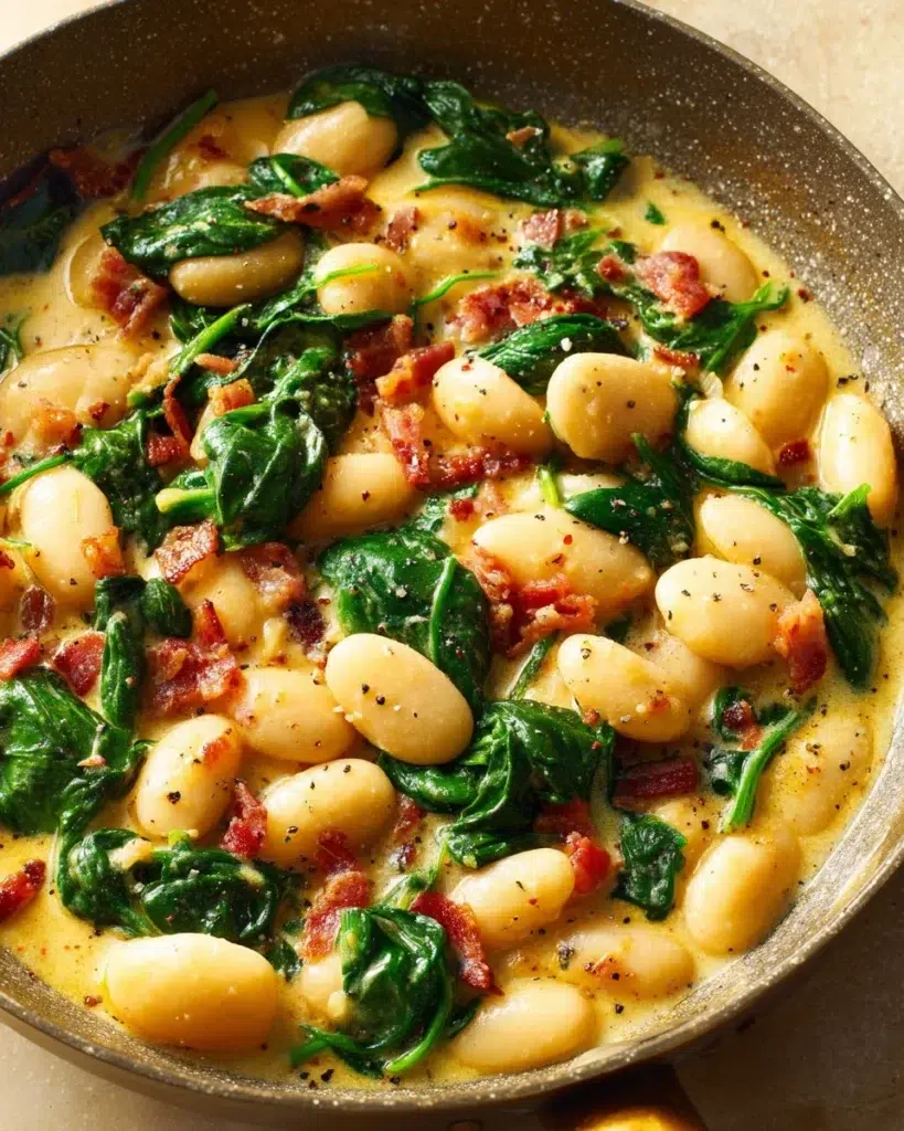 Marry Me White Bean and Spinach Skillet served in a pan