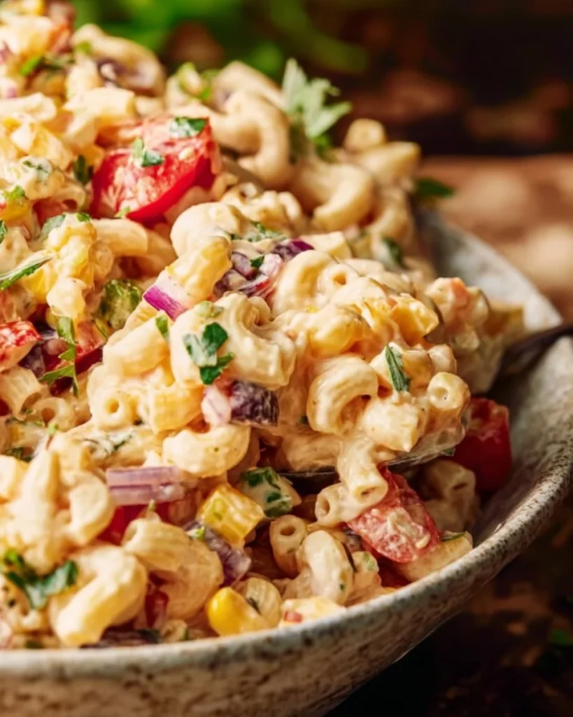 Bowl of colorful Mexican Macaroni Salad with fresh vegetables and dressing.