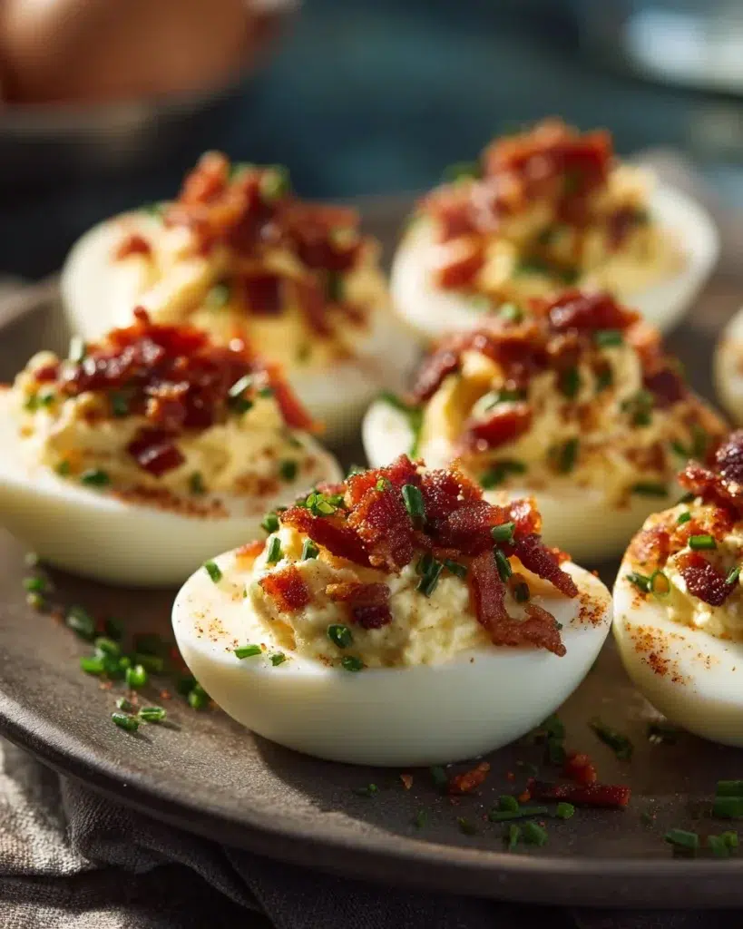Plate of Million Dollar Bacon Deviled Eggs garnished with crispy bacon and herbs