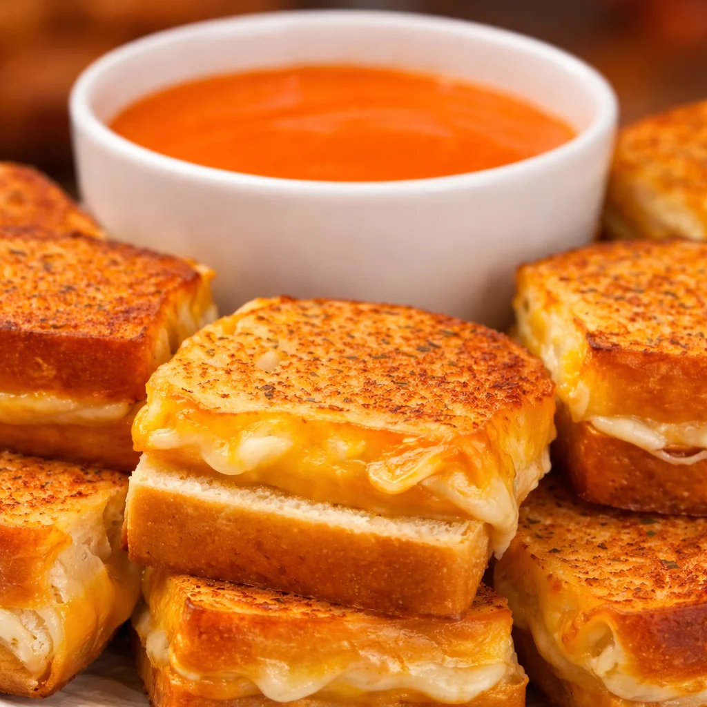 Mini Grilled Cheese Hawaiian Rolls served with tomato soup in a cozy setting.