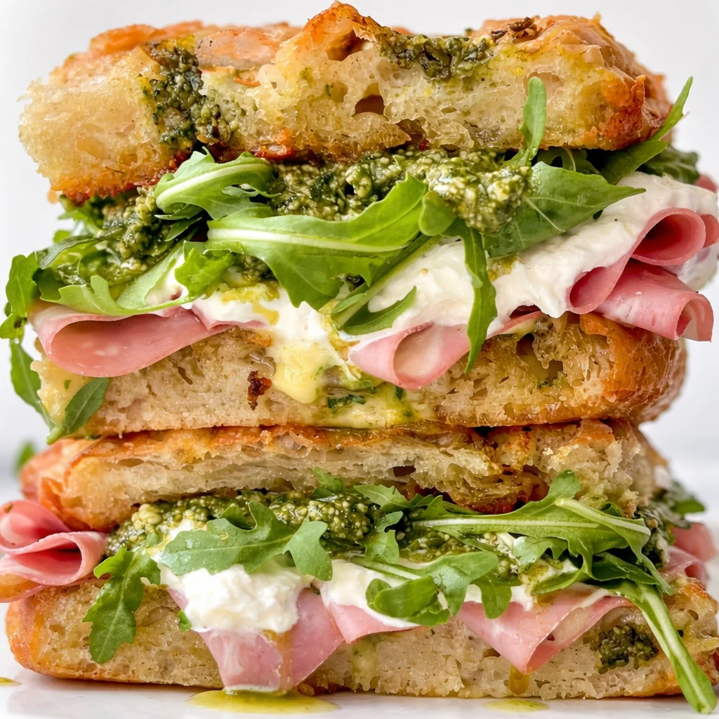 Delicious Burrata Italian Focaccia Sandwich with prosciutto, pesto, and fresh greens.