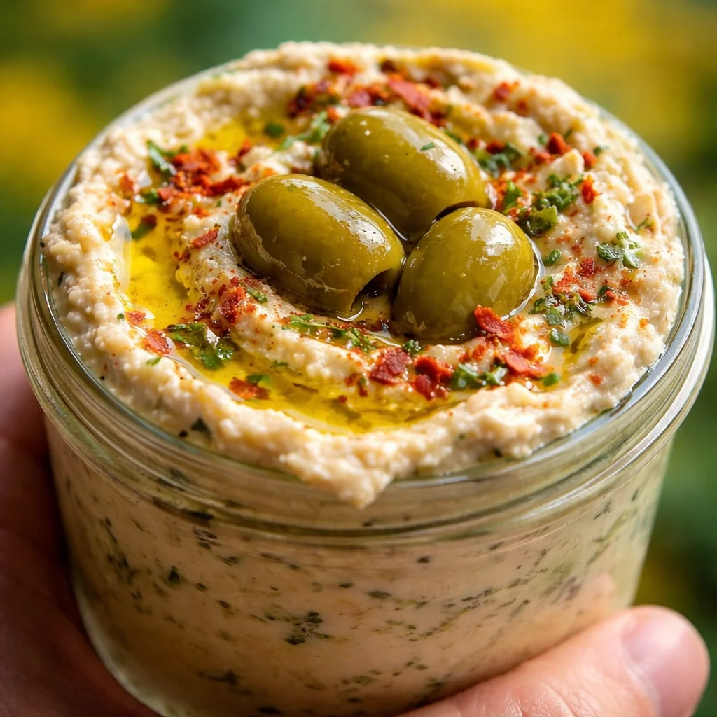 Creamy, tangy Olive Lovers' Dream Dip served in a bowl with fresh bread