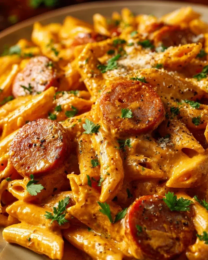 Creamy Spicy Cajun Sausage Pasta in a bowl, garnished with parsley.
