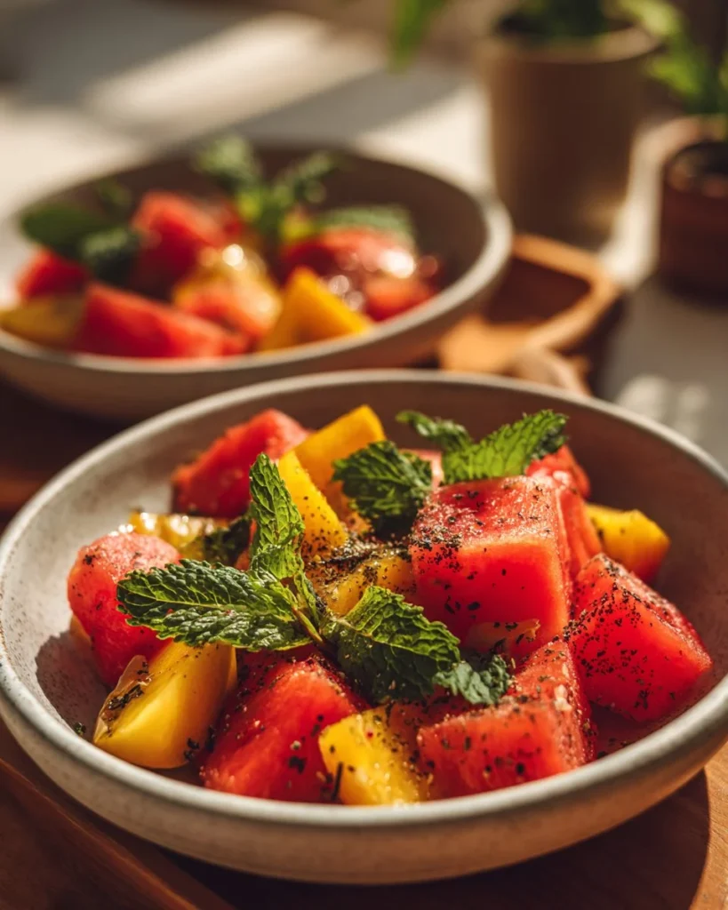 Refreshing peach and watermelon summer salad with mint leaves