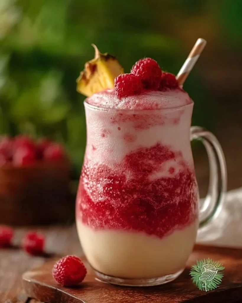 Delicious Raspberry Colada cocktail with tropical fruits and a refreshing twist