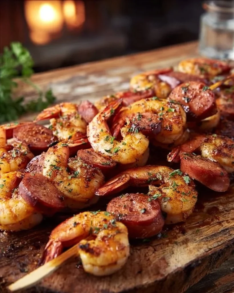 Grilled sausage shrimp kabobs served on skewers with vegetables.