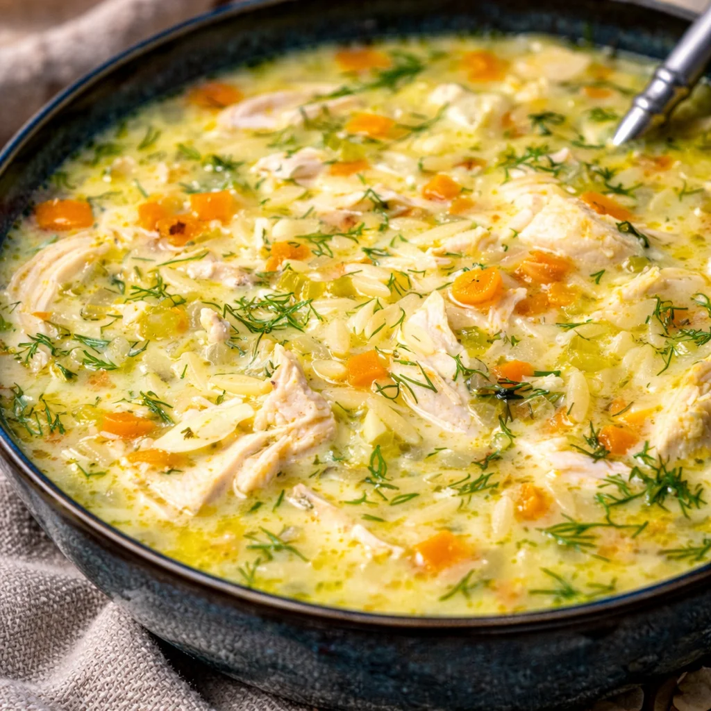 A bowl of Greek Lemon Chicken Soup (Avgolemono) garnished with lemon slices and herbs.