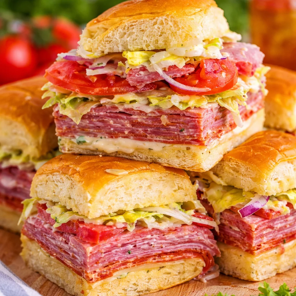 Cold Italian Sliders on Hawaiian Rolls with salami, provolone, and fresh veggies.