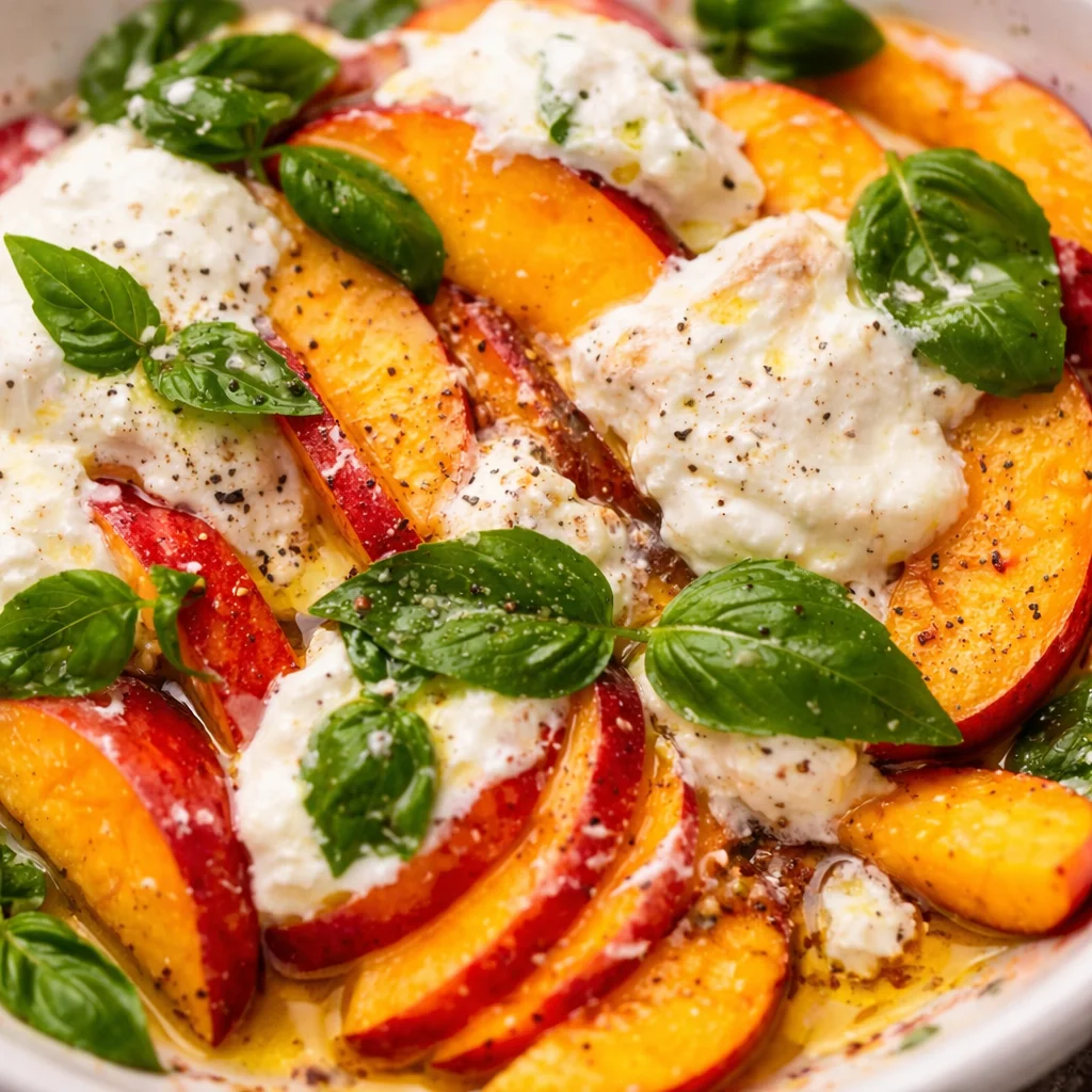 Peach Burrata Salad with Balsamic Drizzle featuring fresh ingredients and vibrant colors.