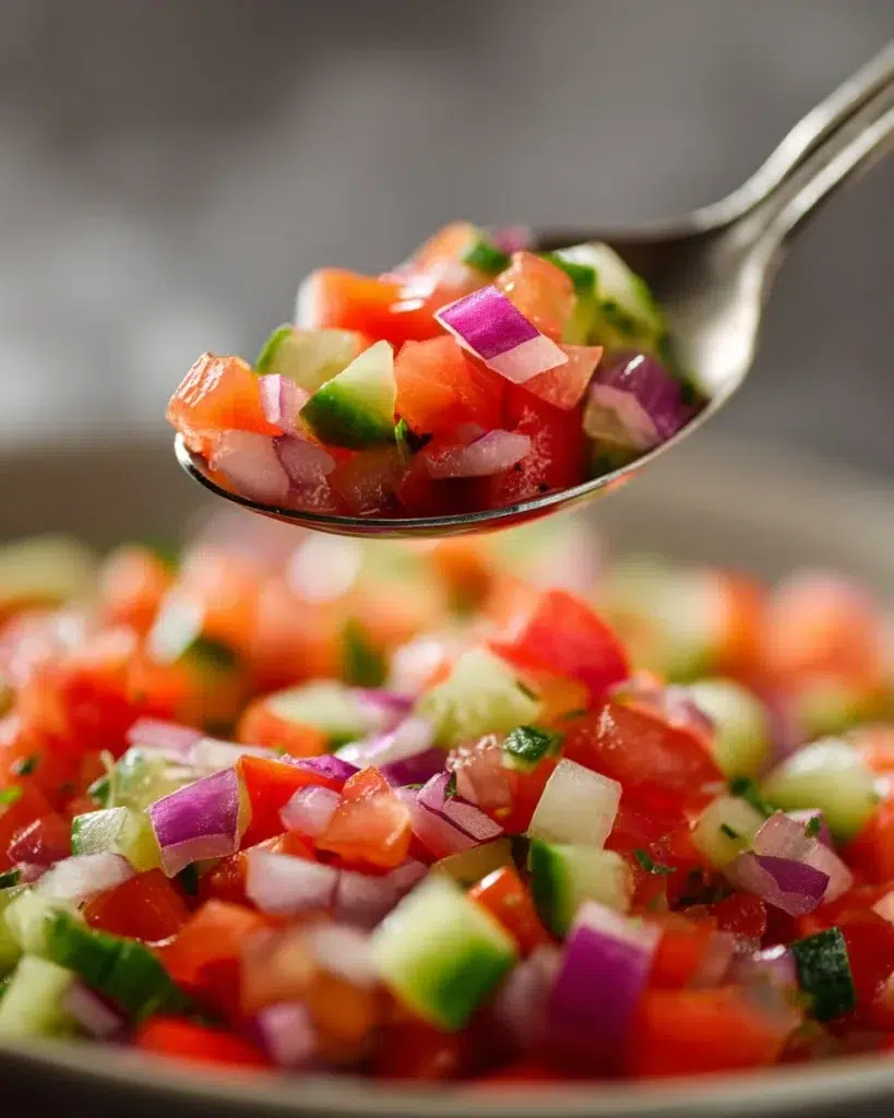 Bowl of colorful Shirazi Salad featuring diced cucumbers, tomatoes, and herbs.