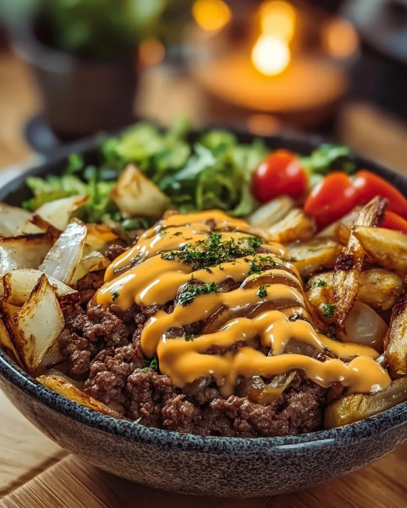 Delicious Smash Burger Bowl with toppings and ingredients arranged in a bowl