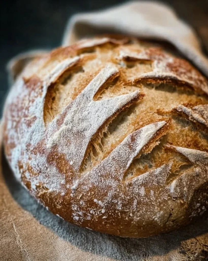 Freshly baked sourdough bread loaf with golden crust