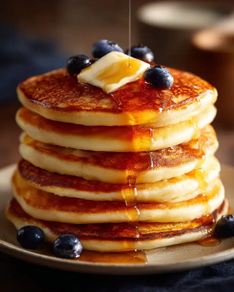 Fluffy sourdough pancakes served with syrup on a plate
