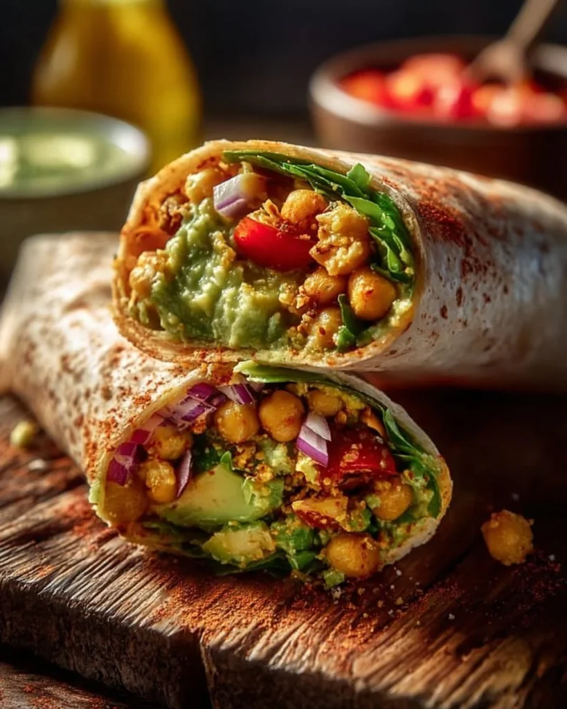 Spicy Chickpea and Avocado Wrap with fresh ingredients