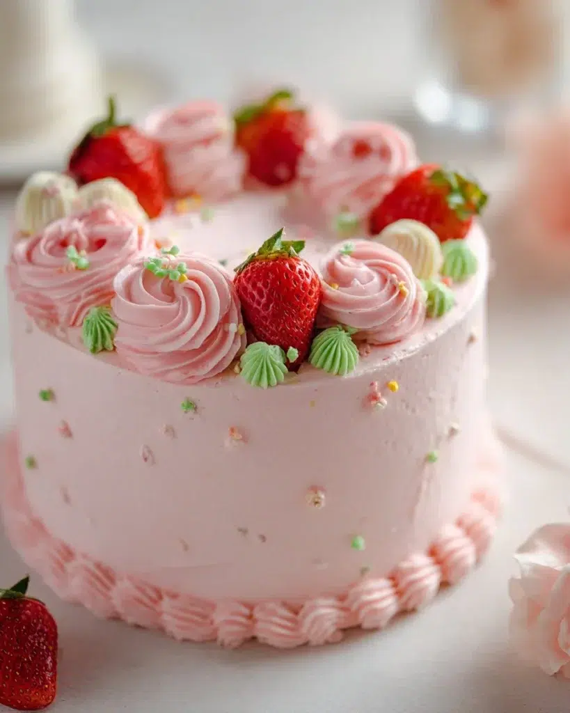 Delicious homemade strawberry cake topped with fresh strawberries and cream