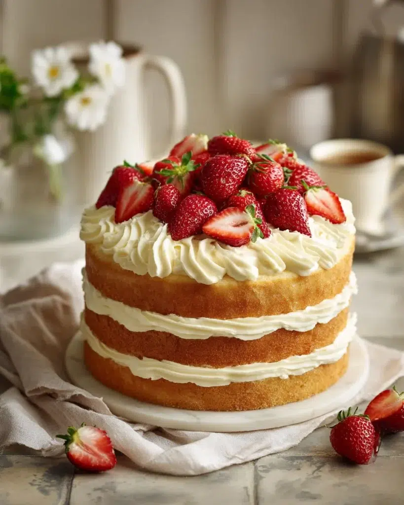 Delicious Strawberry Shortcake Cake topped with fresh strawberries and whipped cream
