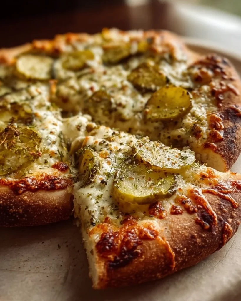 Delicious ultimate dill pickle pizza topped with fresh dill and pickles