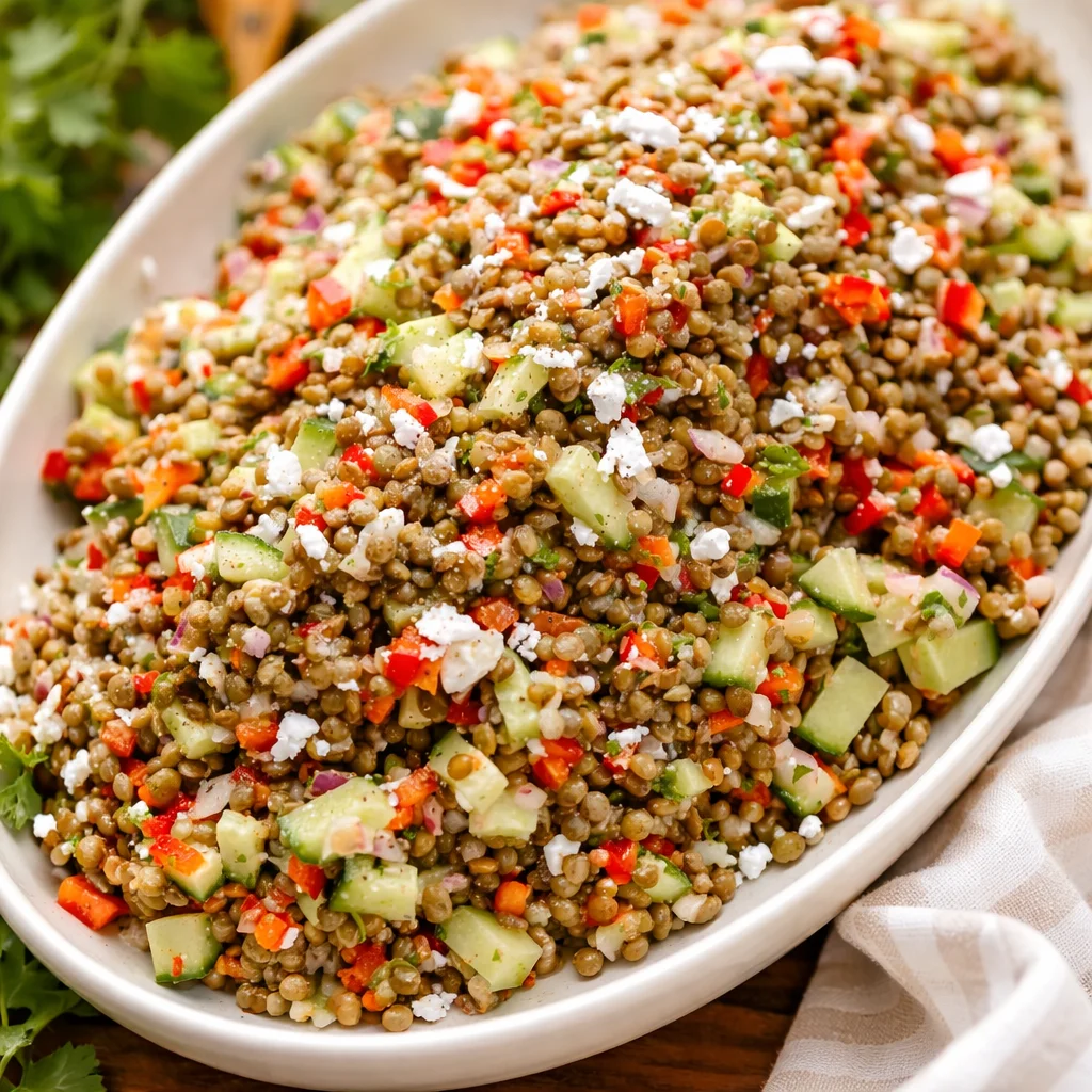 Colorful and healthy Lentil Salad with fresh vegetables and feta cheese, drizzled with lemon dressing.