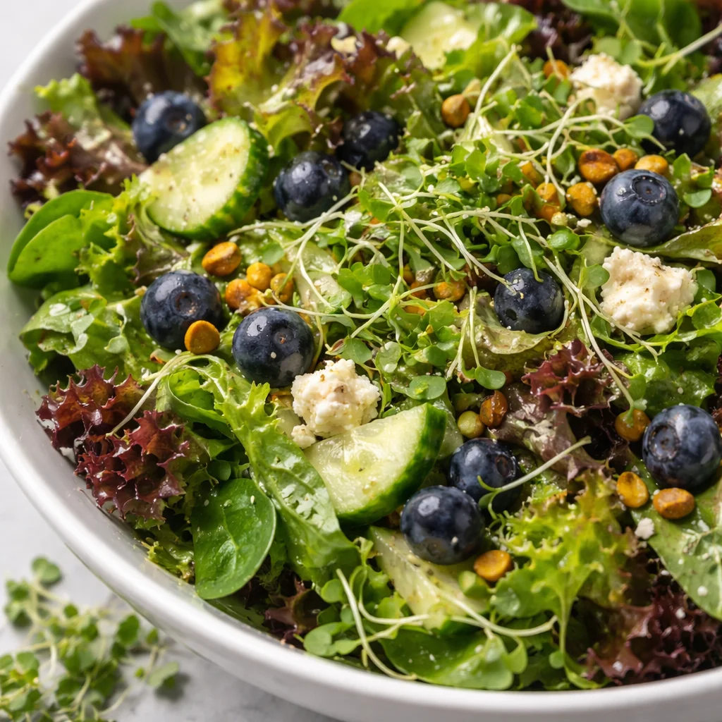 Blueberry Pistachio Spring Salad with greens and blueberry dressing