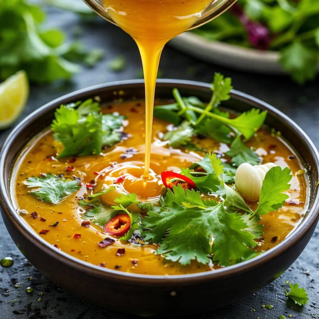 Bowl of Easy Thailand Salad Dressing served over fresh vegetables